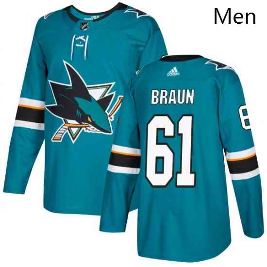 Mens Adidas San Jose Sharks 61 Justin Braun Authentic Teal Green Home NHL Jersey